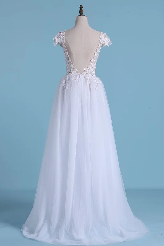 Sexy Beach Wedding Dresses A-Line V-Neck Floor-Length Tulle With Slit Tunics Luxurious premium Sexy Beach Wedding Dresses A-Line V-Neck Floor-Length Tulle With Slit Tunics Luxurious premium