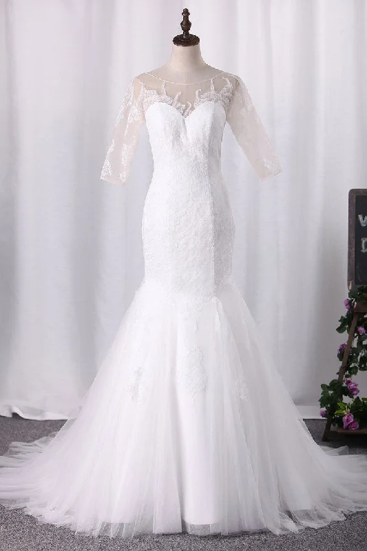Sexy Mermaid Wedding Dresses Scoop Half Sleeves Tulle With Applique Open Back Tunics Cozy soft Sexy Mermaid Wedding Dresses Scoop Half Sleeves Tulle With Applique Open Back Tunics Cozy soft