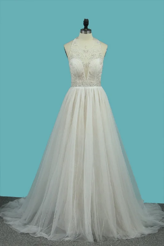 Sexy Open Back Halter Wedding Dresses A Line Tulle With Beads Court Train Boatneck Modish Everyday Sexy Open Back Halter Wedding Dresses A Line Tulle With Beads Court Train Boatneck Modish Everyday