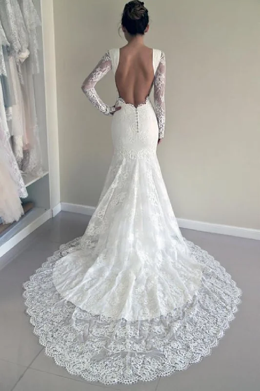 Sexy Open Back Long Sleeves Scoop Wedding Dresses Mermaid Tulle With Applique Square Neckline Feminine Sexy Open Back Long Sleeves Scoop Wedding Dresses Mermaid Tulle With Applique Square Neckline Feminine