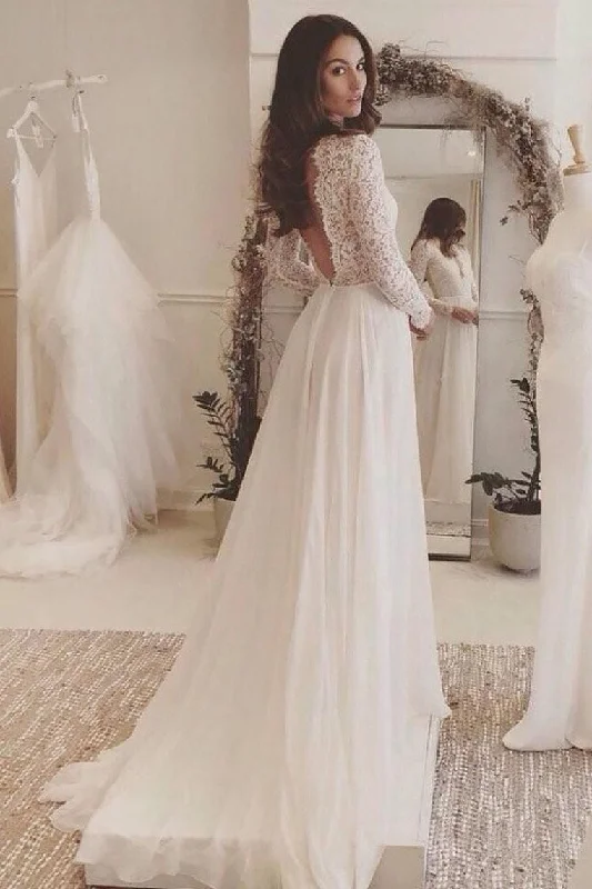 Sexy Open Back Scoop Long Sleeves Wedding Dresses A Line Chiffon & Lace Tunics Plaid country Sexy Open Back Scoop Long Sleeves Wedding Dresses A Line Chiffon & Lace Tunics Plaid country
