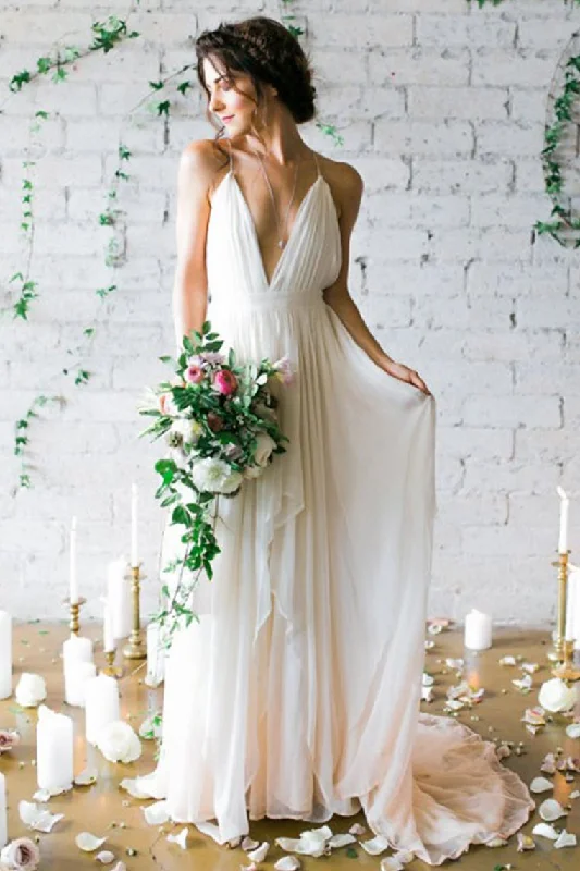 Sexy Open Back Spaghetti Straps Wedding Dresses A Line Ruched Bodice Chiffon Tunics Prom sequined Sexy Open Back Spaghetti Straps Wedding Dresses A Line Ruched Bodice Chiffon Tunics Prom sequined