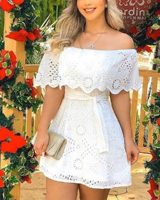 Summer Solid Off Shoulder Broderie Lace Mini White Mini Dress Skinny Bodycon With Sashes Sexy Tunics Trousers formal Summer Solid Off Shoulder Broderie Lace Mini White Mini Dress Skinny Bodycon With Sashes Sexy Tunics Trousers formal