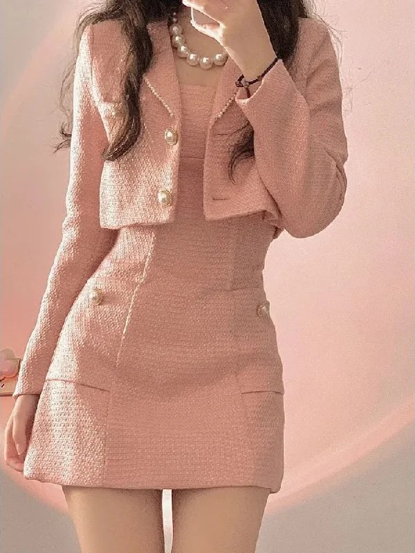 Autumn Pink Elegant Two Piece Set Women Korean Style Balzer Coat+Strap Mini Dress Set Female Solid Casual Slim Designer Set Tunics Trousers formal Autumn Pink Elegant Two Piece Set Women Korean Style Balzer Coat+Strap Mini Dress Set Female Solid Casual Slim Designer Set Tunics Trousers formal