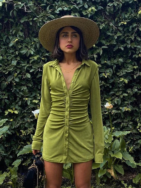 Autumn Ruched Long Sleeve Bodycon Dress Women Turn-Down Collar Sexy Mini Dress Female Button Slim Party Vestidos Tunics Lace romantic Autumn Ruched Long Sleeve Bodycon Dress Women Turn-Down Collar Sexy Mini Dress Female Button Slim Party Vestidos Tunics Lace romantic