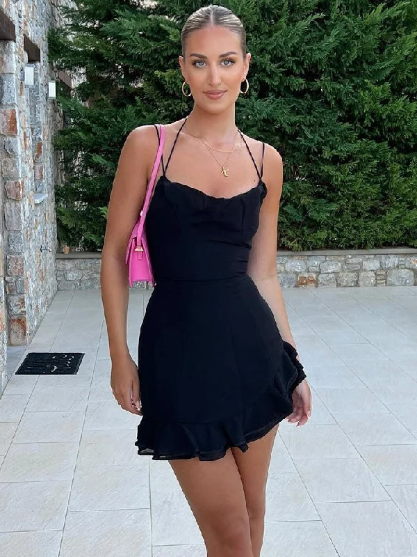 Black Halter Backless Sexy Dress Women Sleeveless Ruffles Mini Summer Dress Elegant Club Pary Dresses Vestidos Boatneck Modish Everyday Black Halter Backless Sexy Dress Women Sleeveless Ruffles Mini Summer Dress Elegant Club Pary Dresses Vestidos Boatneck Modish Everyday