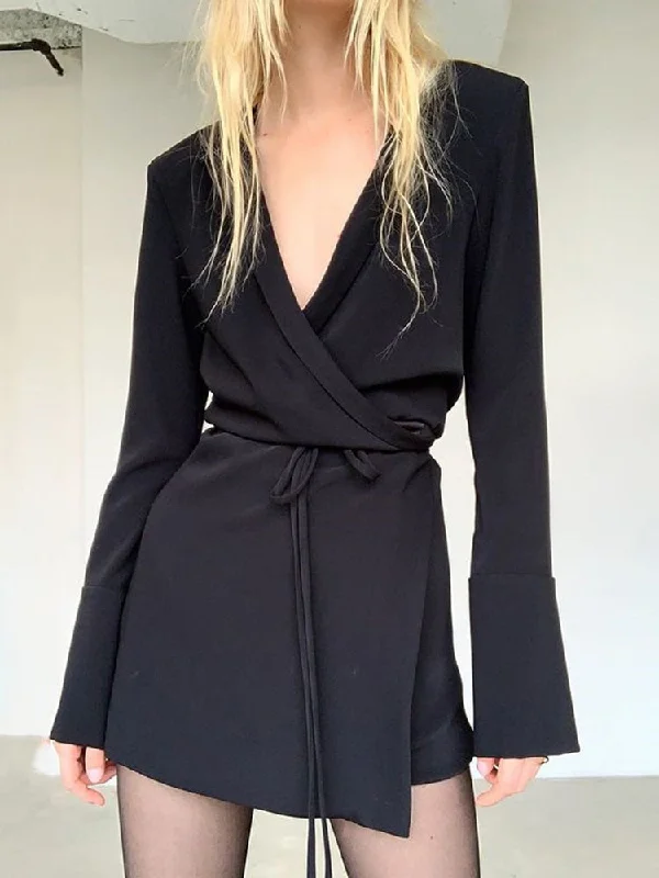 Black Satin V-Neck Shirt Dress Women Spring Flare Sleeve Lace Up Mini Dresses Elegant Ladies Party Vestidos Tunics Sophisticated sleek Black Satin V-Neck Shirt Dress Women Spring Flare Sleeve Lace Up Mini Dresses Elegant Ladies Party Vestidos Tunics Sophisticated sleek