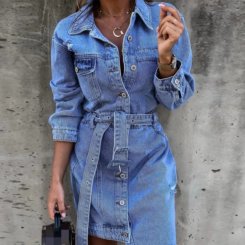 Zjkrl Blue On-trend Multi Pocket Denim Mini Dress Tunics Trendy modern