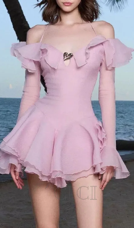 BRANDEE PINK LONG SLEEVE RUFFLE HEM MINI DRESS Tunics Short Trendy