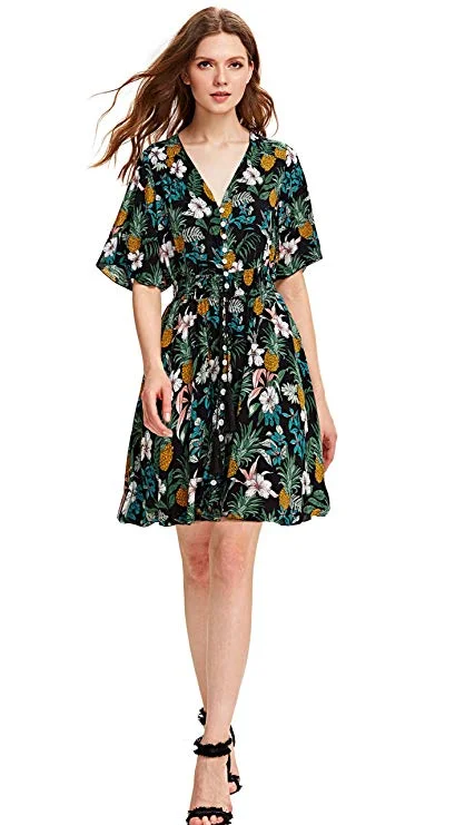 Button Up Split Floral Print Flowy Party Dress Tunic Top Casual