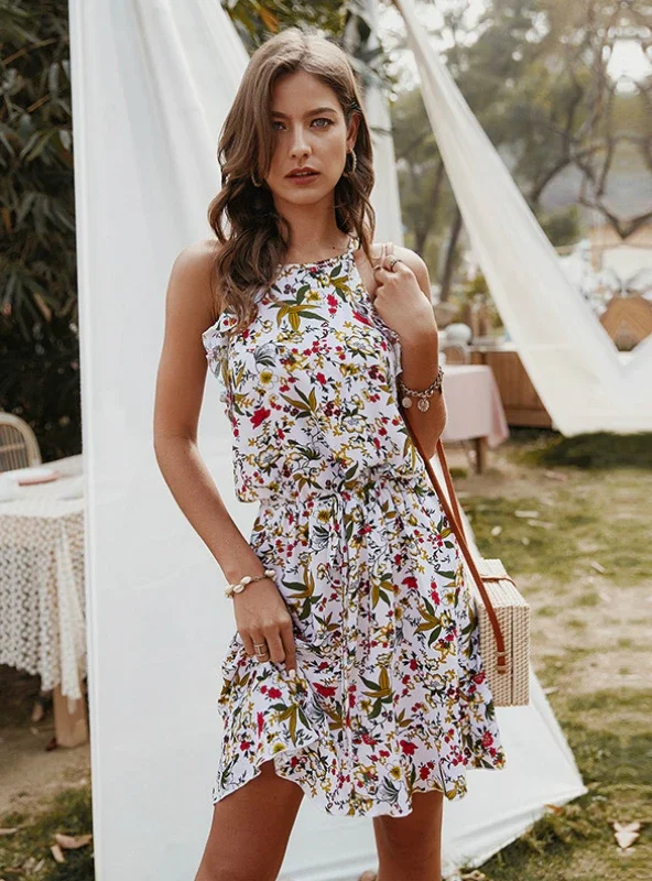 CASUAL SLEEVELESS RUFFLES ABOVE KNEE MINI FLORAL DRESS Tunics Sale discount