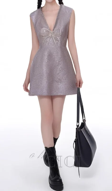 CHERISH PURPLE DEEP V-NECK BOW MINI DRESS Tunics Summer linen