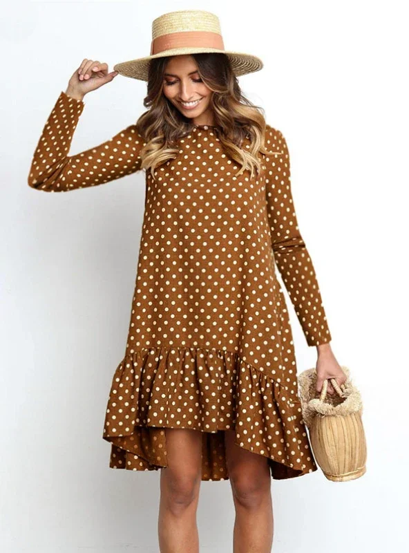CHIFFON DRESS LONG SLEEVE O NECK RUFFLE DRESS Tunics Formal black