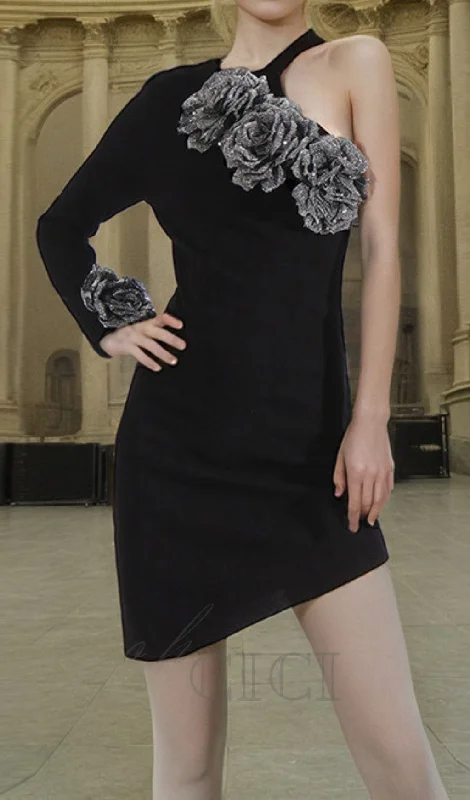 CYANNE BLACK ONE SHOULDER FLOWER MINI DRESS Tunics Recommended stylist