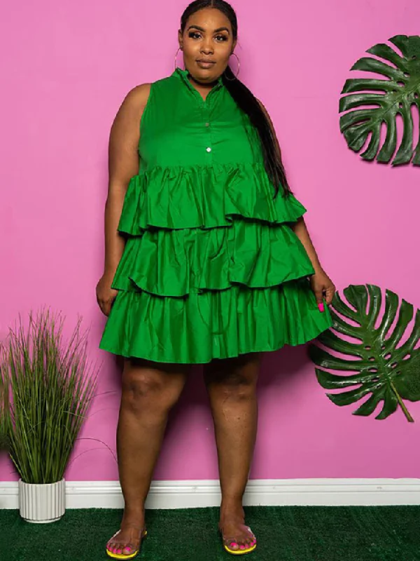 Plus Size Sleeveless Ruffle Layered  Mini Dress Tunics Chinos classic
