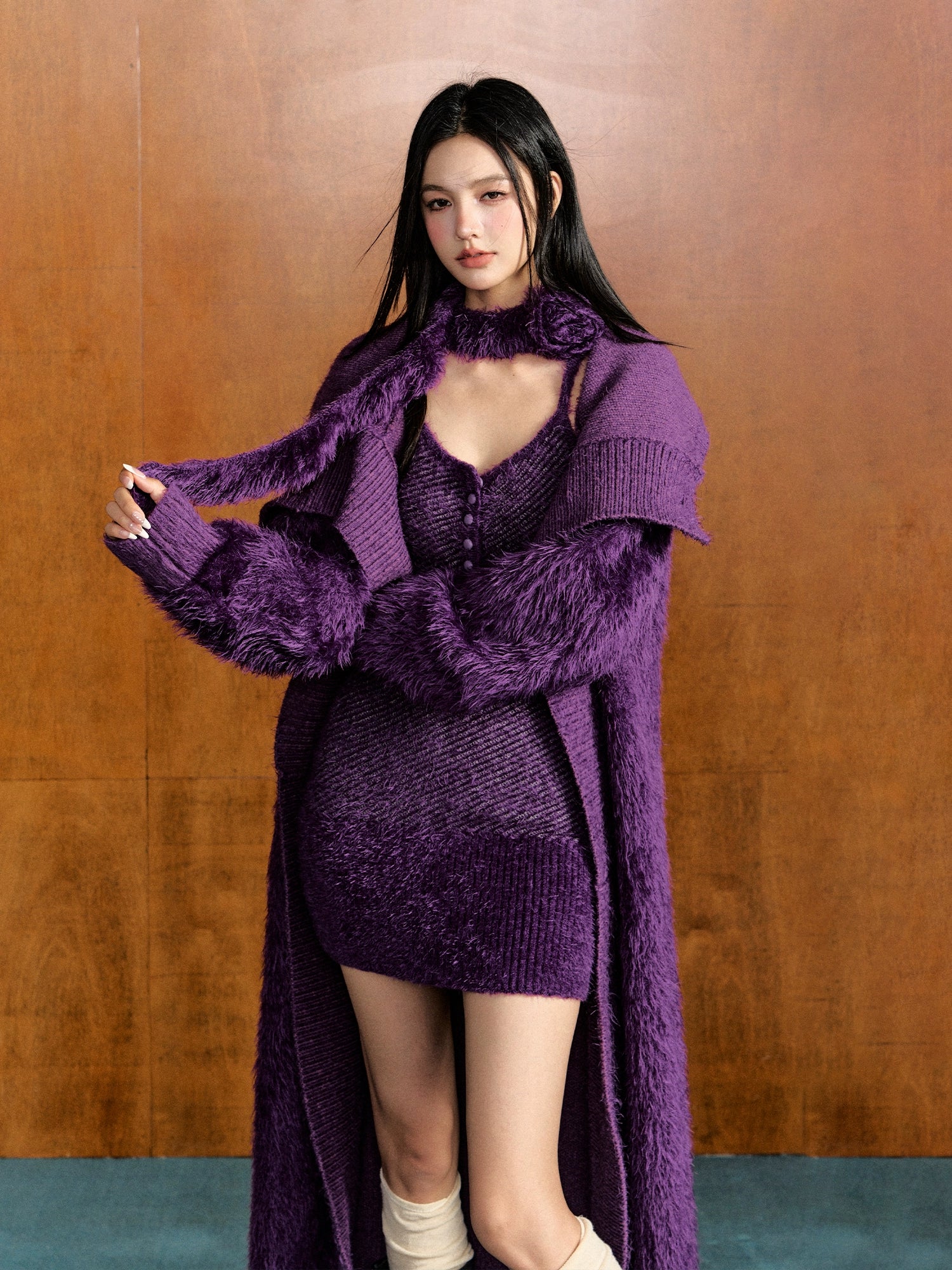 Feather Yarn Long Knit Cardigan & Knit Cami Dress Set Tunics Fashionable trendy