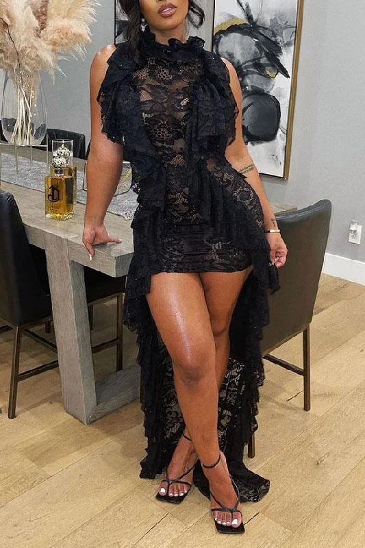 Zjkrl Floral Lace Elegant Irregular Mini Dress Turtleneck Neckline Stylish