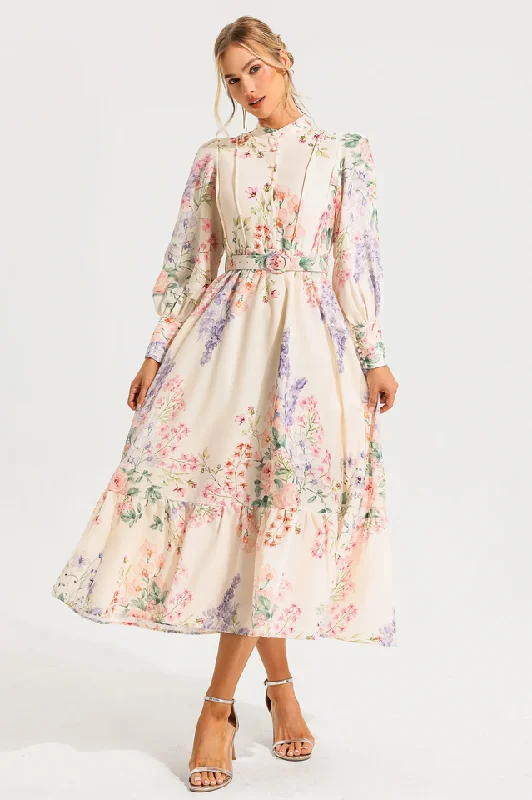 Floral Long Sleeve Maxi Dress With Belt Tunics Handmade artisanal