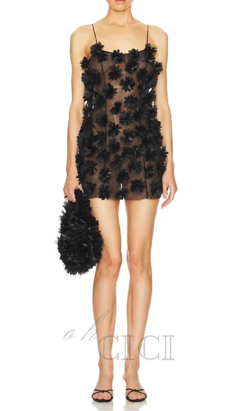 flower embellished Mini Dress in black Tunics Fleece cozy