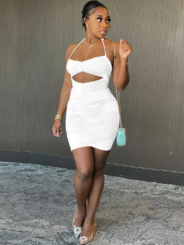 Halter Neck Hollow Out Ruched Mini Dresses Tunics Chic elegant