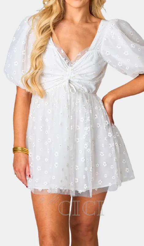 Hannah Elastic Waist Mini Dress in white Tunics Mesh breathable