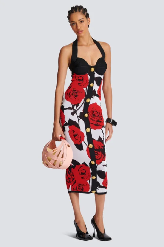 Knit Floral Halter Neck Midi Dress Tunics Yoga stretchy