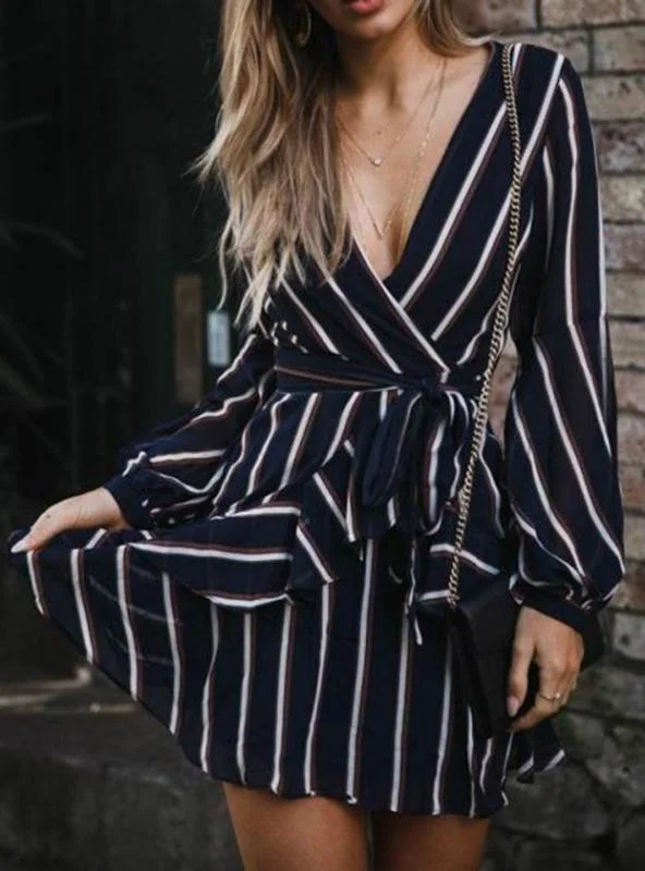 Lantern Sleeve Casual Striped V-Neck Dress Tunics Office stylish