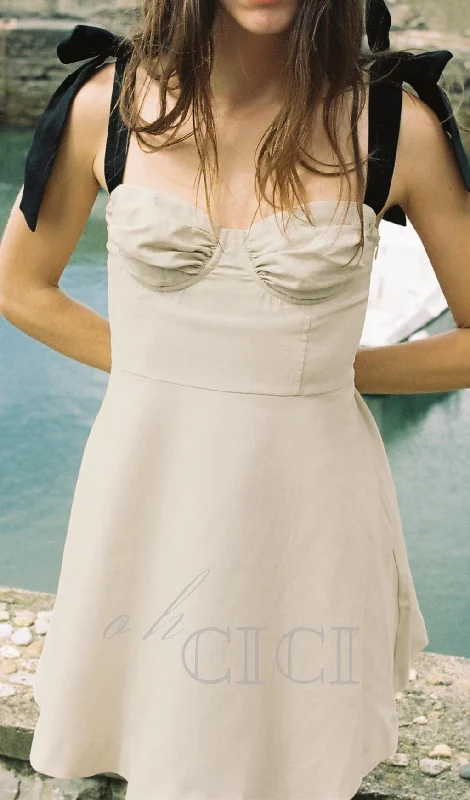 linen blend mini dress with contrast bows Maxi Flowy Bohemian
