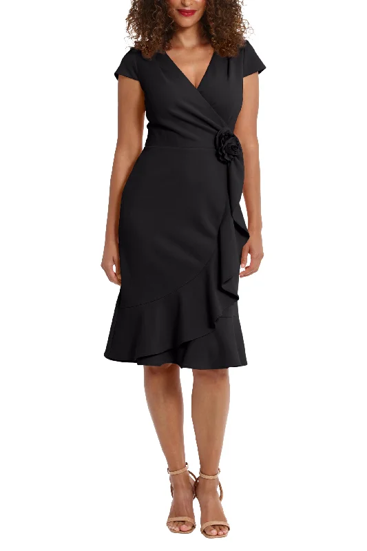 London Times V-Neck Cap Sleeve Wrap with Cascade Ruffle with Rosette Sheath Dress Tunics Top rated London Times V-Neck Cap Sleeve Wrap with Cascade Ruffle with Rosette Sheath Dress Tunics Top rated