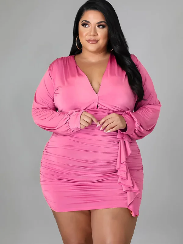 Plus Size Long Sleeve Ruched Bodycon Mini Dresses Tunics Business professional