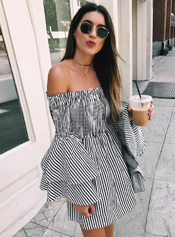 OFF SHOULDER STRIPE PARTY LADIES CASUAL DRESS LONG SLEEVE Tunics Canvas sturdy