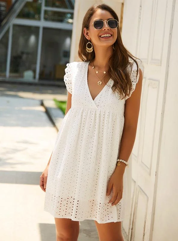 OUT V NECK BUTTERFLY SLEEVE HOLLOW LACE DRESS Tunics Favorite customer