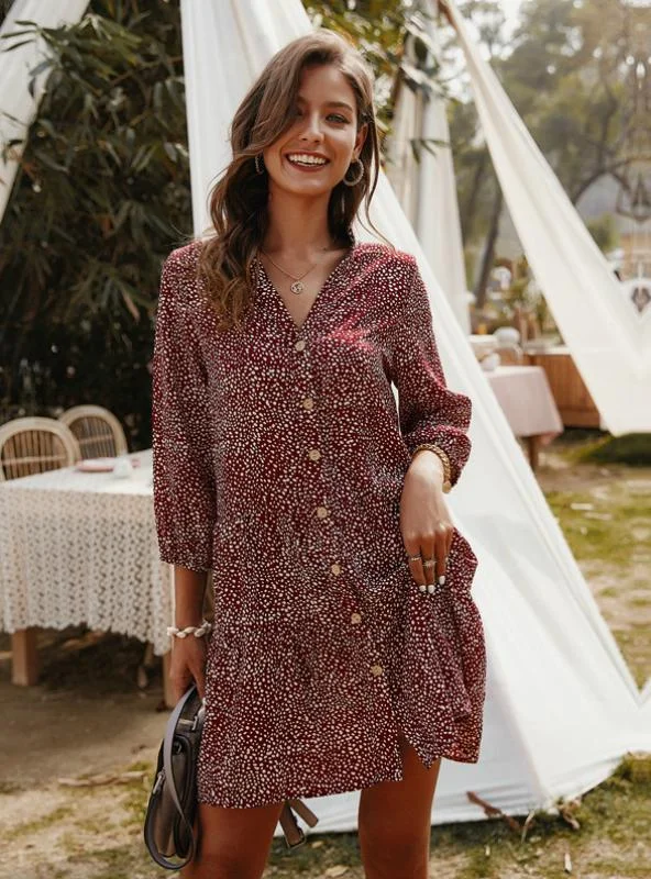 PRINT ABOVE KNEE MINI V-NECK THREE QUARTER SLEEVE DRESS Tunics Review highly