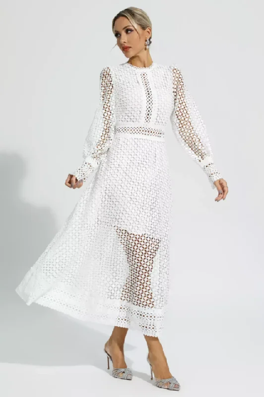 Puff Sleeves Fit & Flare Midi Dress Tunics Wedding white