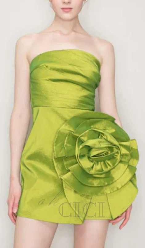 SATIN STRAPLESS 3D FLORAS MINI DRESS Tunics Versatile all-occasion