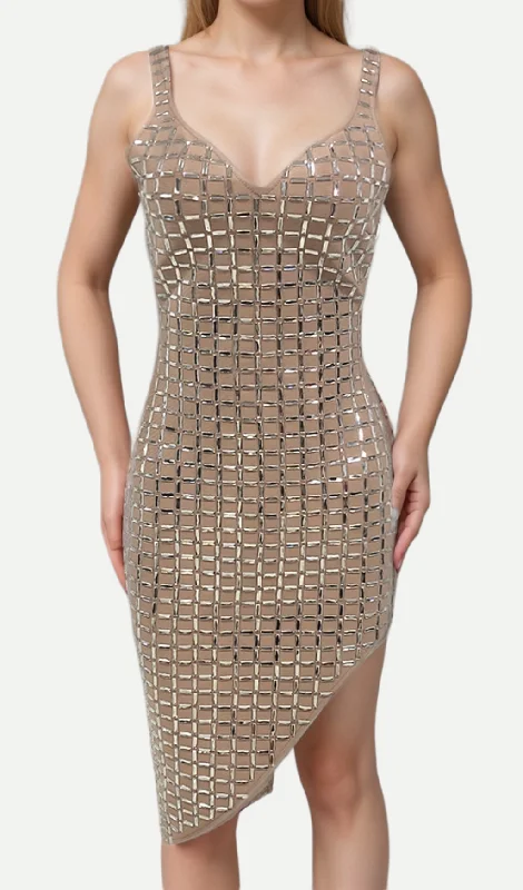sequin-embellished slit midi dress in apricot Halter Neckline Beach