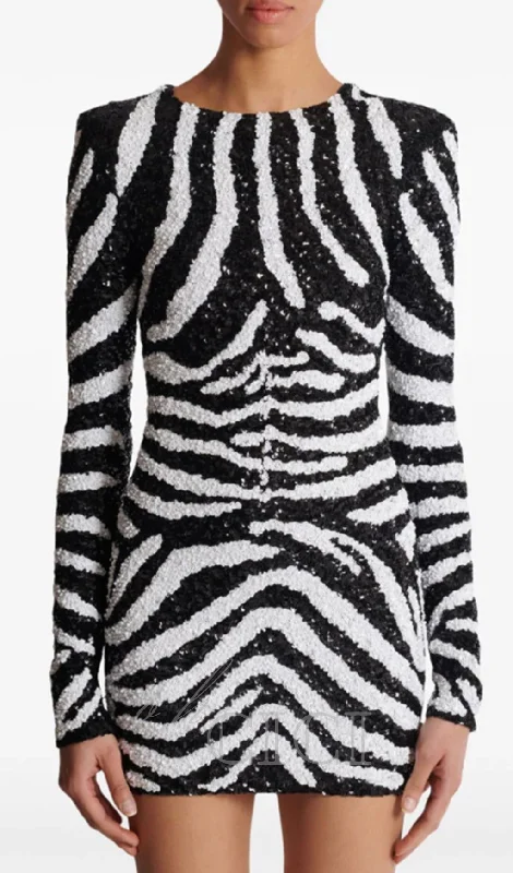Short two-tone zebra sequin mini dress Tunics Leisure comfortable