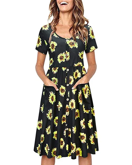 Sleeve V Neck Button Down Skater Dress with Pockets Tunics Sophisticated sleek