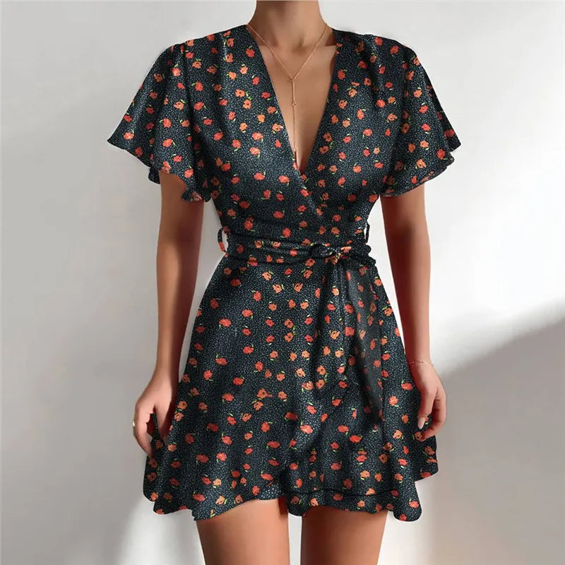 Summer V-Neck Ruffle Women Dress Belt Wrap Print Mini Dress Sexy A-Line Dress Casual Beach Sundress Sweet Elegant Short Dress Elegant Long Evening Summer V-Neck Ruffle Women Dress Belt Wrap Print Mini Dress Sexy A-Line Dress Casual Beach Sundress Sweet Elegant Short Dress Elegant Long Evening
