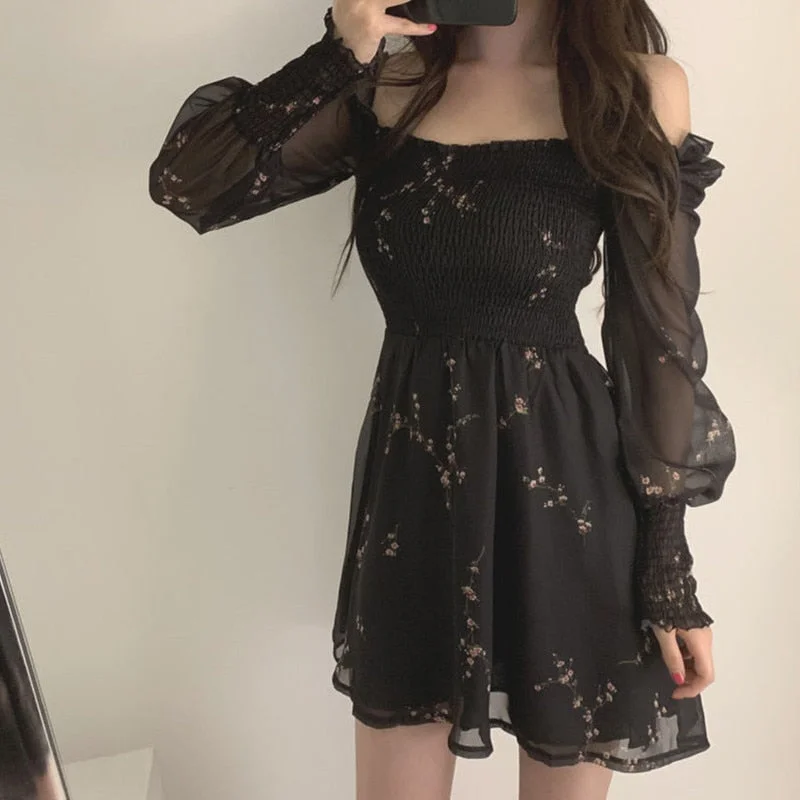 Summer Womens Sexy Black Dress Vintage Flower Long Puff Sleeve Chiffon Dresses Korean Casual Mini Vestidos Mujer Clothes Tunics Timeless classic Summer Womens Sexy Black Dress Vintage Flower Long Puff Sleeve Chiffon Dresses Korean Casual Mini Vestidos Mujer Clothes Tunics Timeless classic