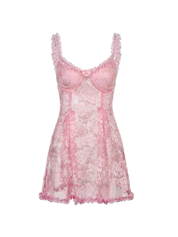Sweet Cute Lace Cami Dress See Through Sexy Slim Sleeveless Ruffles Bow A-Line Mini Dresses For Women Summer Spring Lady Tunics Prom sequined Sweet Cute Lace Cami Dress See Through Sexy Slim Sleeveless Ruffles Bow A-Line Mini Dresses For Women Summer Spring Lady Tunics Prom sequined