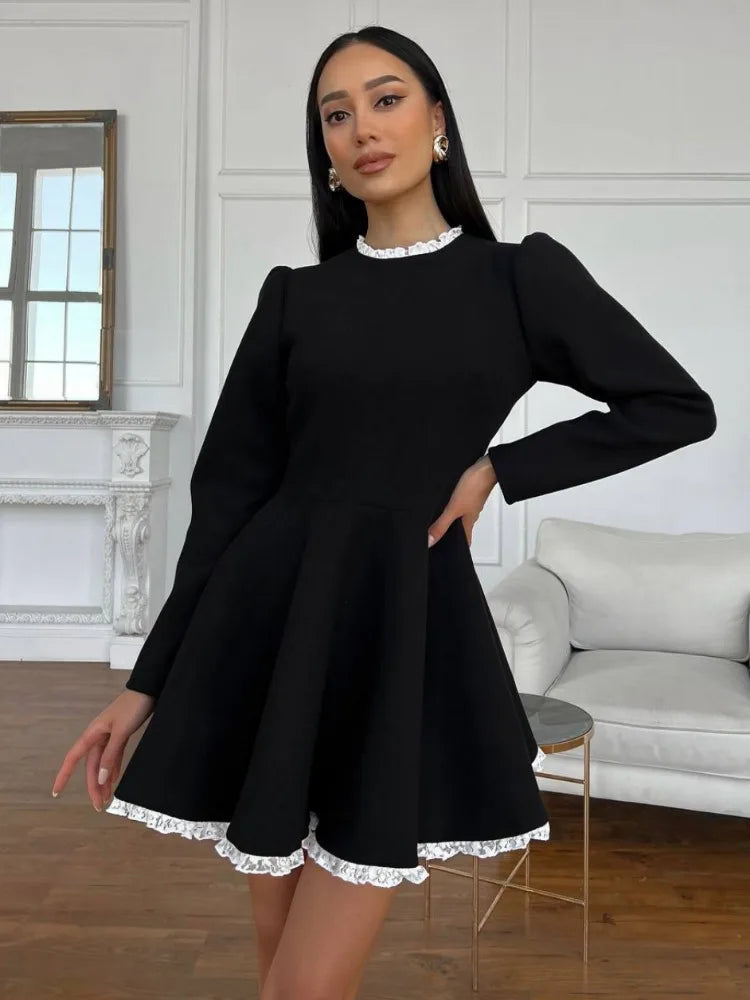 Black Lace Mini Dress For Women Fashion Patchwork High Waist Elegant Vintage Dress Summer Patchwork Party Dress Gown A-Line Day Work