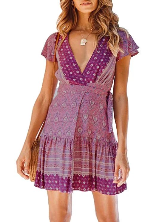 V Neck Bohemian Floral Print Ruffle Swing A Line Beach Mini Dress Tunics Satin smooth V Neck Bohemian Floral Print Ruffle Swing A Line Beach Mini Dress Tunics Satin smooth