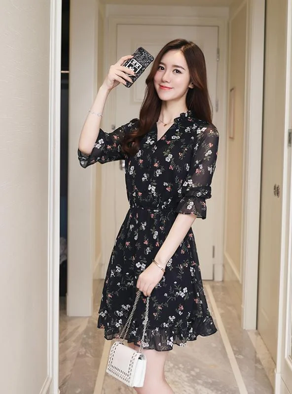 VINTAGE CHIFFON FLORAL BOHO SHIRT DRESS Tunics Stylish elegant