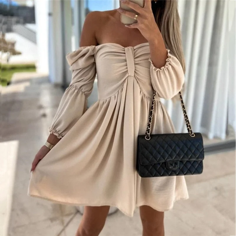 Women Elegant Lantern Half Sleeve Strapless Dress Sexy Off Shoulder Bow Pleat Loose Mini Dress Summer Casual Solid Beach Dress Tunics Formal black Women Elegant Lantern Half Sleeve Strapless Dress Sexy Off Shoulder Bow Pleat Loose Mini Dress Summer Casual Solid Beach Dress Tunics Formal black