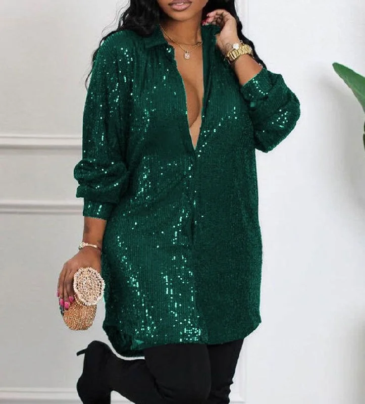 Women Fashion Elegant Turn-down Collar Mini Casual Loose Dress Oversize Long Sleeve Allover Sequin Shirt Dress Tunics Top rated Women Fashion Elegant Turn-down Collar Mini Casual Loose Dress Oversize Long Sleeve Allover Sequin Shirt Dress Tunics Top rated