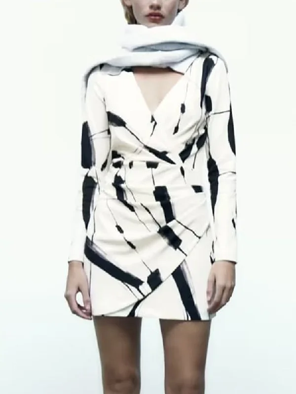 Women Fashion With Draped Printed Mini Dress Vintage Long Sleeve Back Zipper Female Dresses Vestidos Mujer Tunics Versatile stylish Women Fashion With Draped Printed Mini Dress Vintage Long Sleeve Back Zipper Female Dresses Vestidos Mujer Tunics Versatile stylish