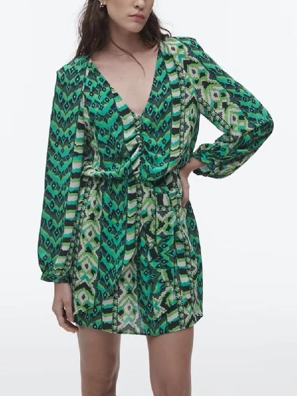 Women Fashion With Tied Ruffled Printed Mini Dress Vintage Long Sleeve Elastic Waist Female Dresses Vestidos Mujer Tunics Formal black Women Fashion With Tied Ruffled Printed Mini Dress Vintage Long Sleeve Elastic Waist Female Dresses Vestidos Mujer Tunics Formal black