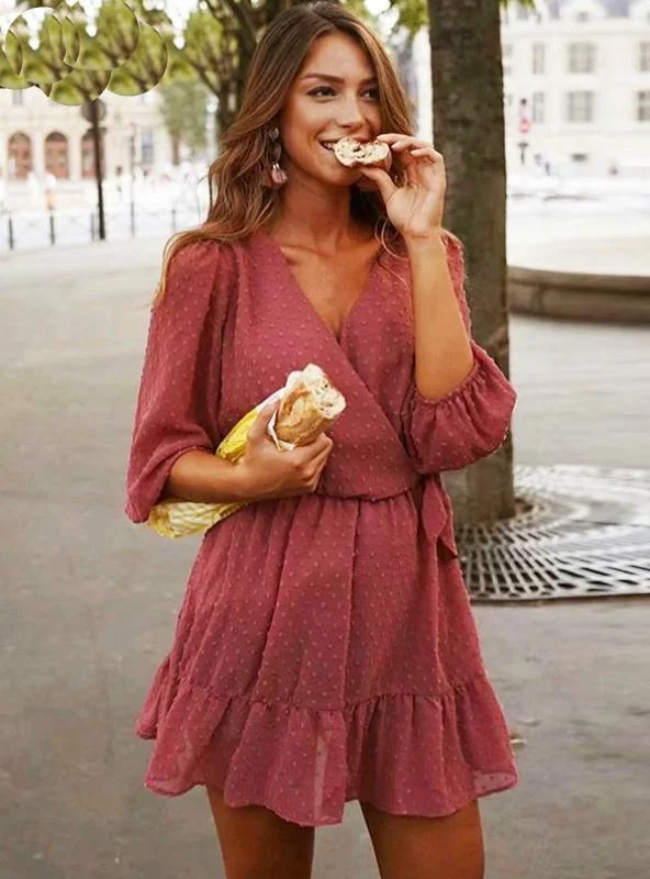 WOMEN RUFFLES LACE CHIFFON DRESS BOHO MINI BEACH DRESS Boat Neckline Classic