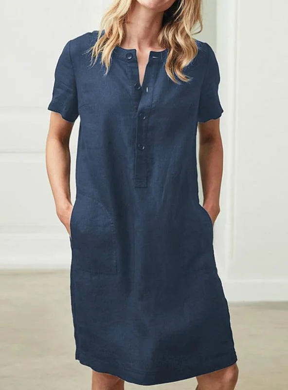WOMEN SHORT SLEEVE POCKET MIDI DRESS BUTTON DRESS Tunics Top rated